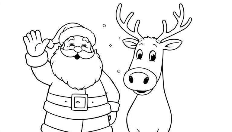 Kleurplaat van de Kerstman die zwaait naar een rendier.