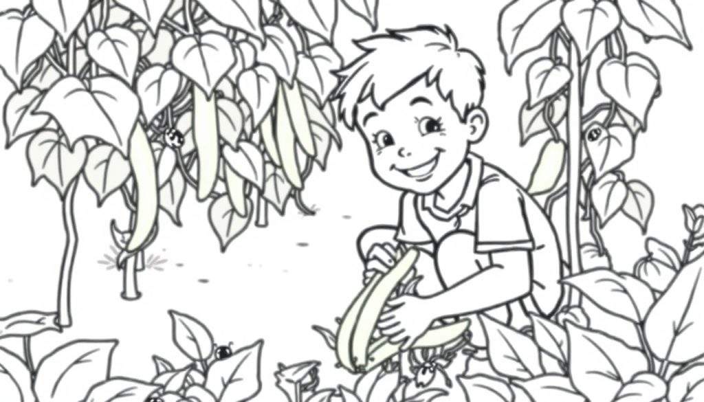 Kleurplaat van een jongen die boontjes plukt in de tuin met lieveheersbeestjes.