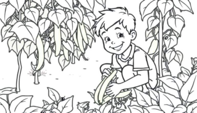 Kleurplaat van een jongen die boontjes plukt in de tuin met lieveheersbeestjes.