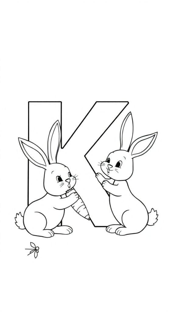 Kleurplaat van de letter K met konijntjes.