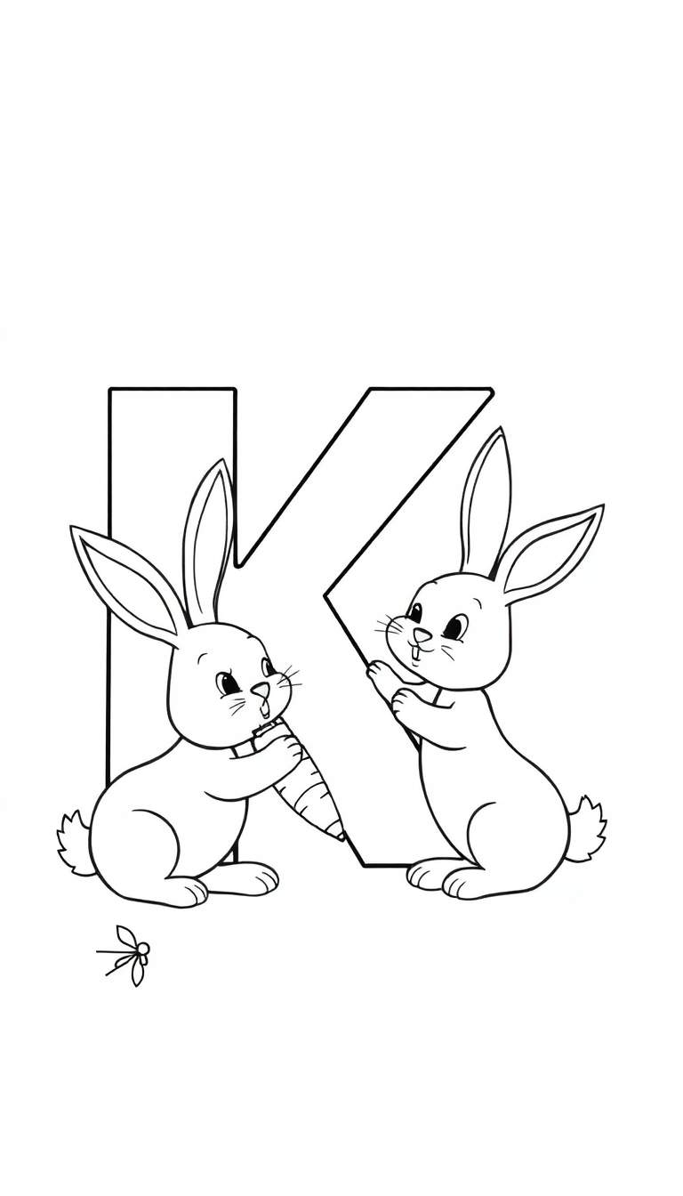 Kleurplaat van de letter K met konijntjes.