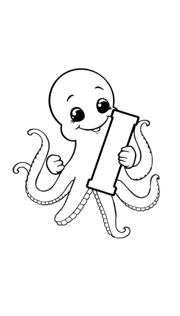 Kleurplaat van een speelse octopus die de letter I vasthoudt.