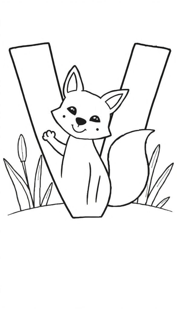 Zwart-witte kleurplaat van een speelse vos die zwaait bij de letter V.