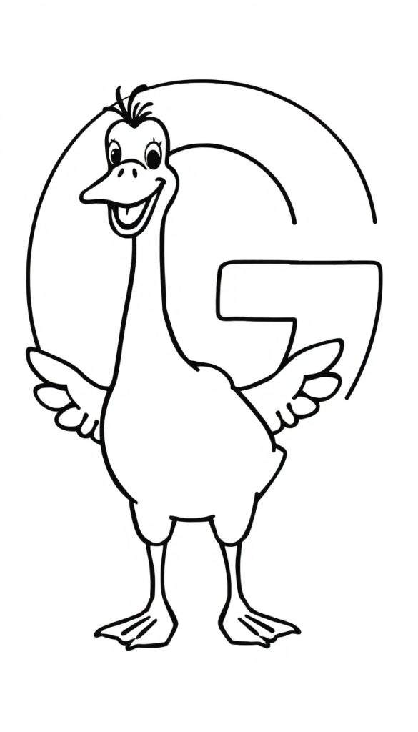 Een zwart-wit kleurplaat tekening van een lachende gans met uitgespreide vleugels voor de letter G.