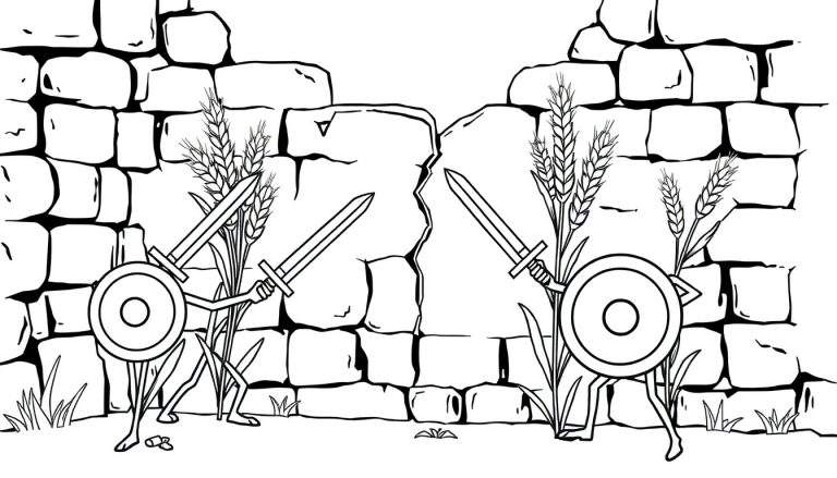 Kleurplaat van boze tarweplanten met zwaarden en schilden die tegen een stenen muur vechten.