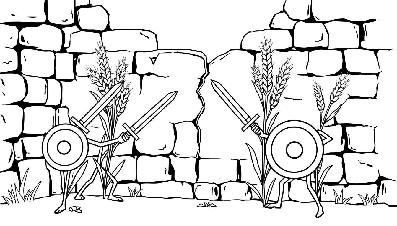Kleurplaat van boze tarweplanten met zwaarden en schilden die tegen een stenen muur vechten.