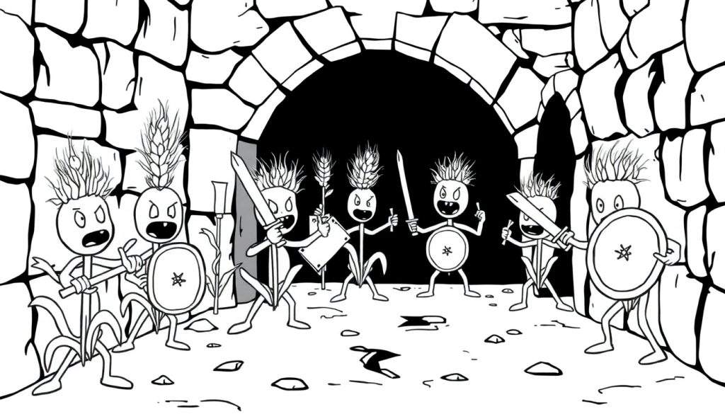 Een kleurplaat van boze tarweplant-wezens die vechten in een stenen tunnel.