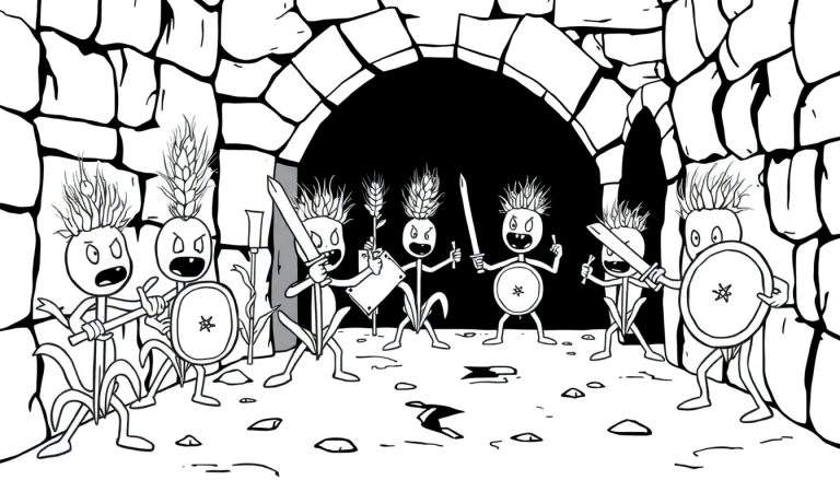 Een kleurplaat van boze tarweplant-wezens die vechten in een stenen tunnel.