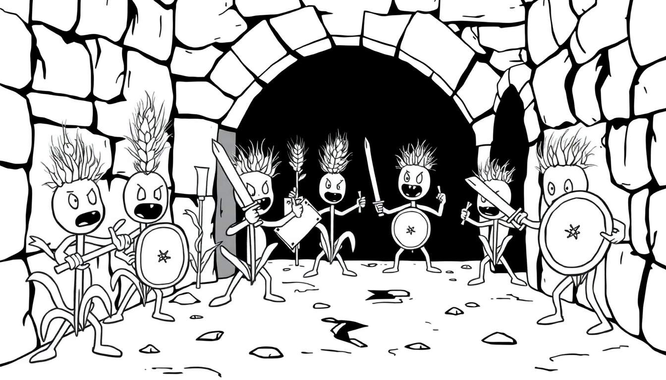 Een kleurplaat van boze tarweplant-wezens die vechten in een stenen tunnel.