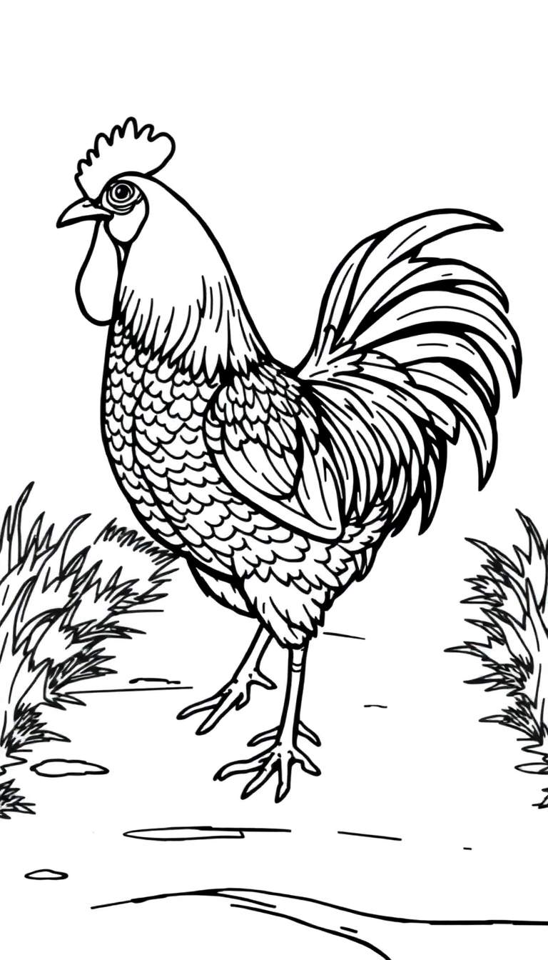 Zwart-witte kleurplaat van een trotse haan.