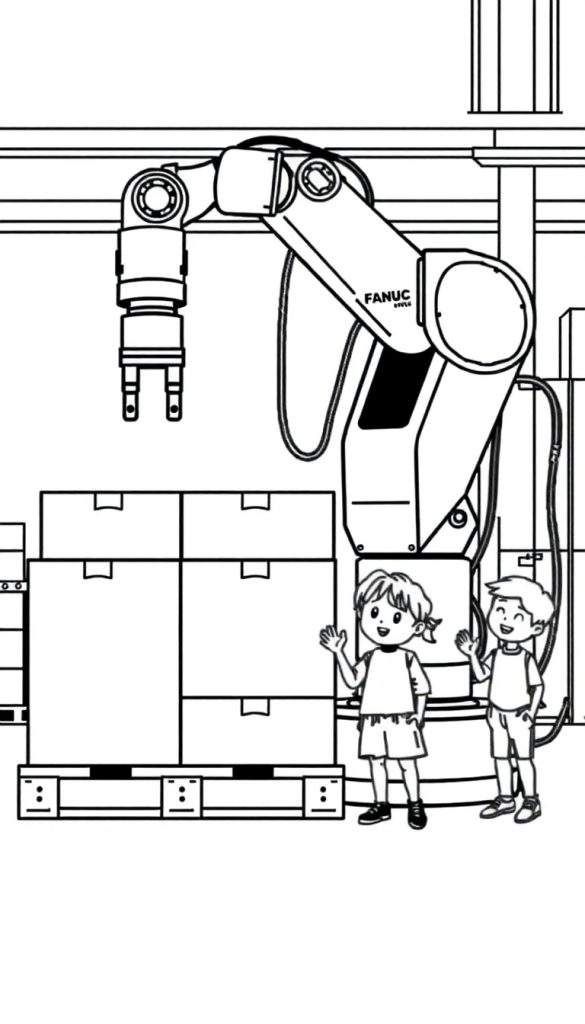 Kleurplaat van een Fanuc robot met twee zwaaiende kinderen naast een pallet met dozen.