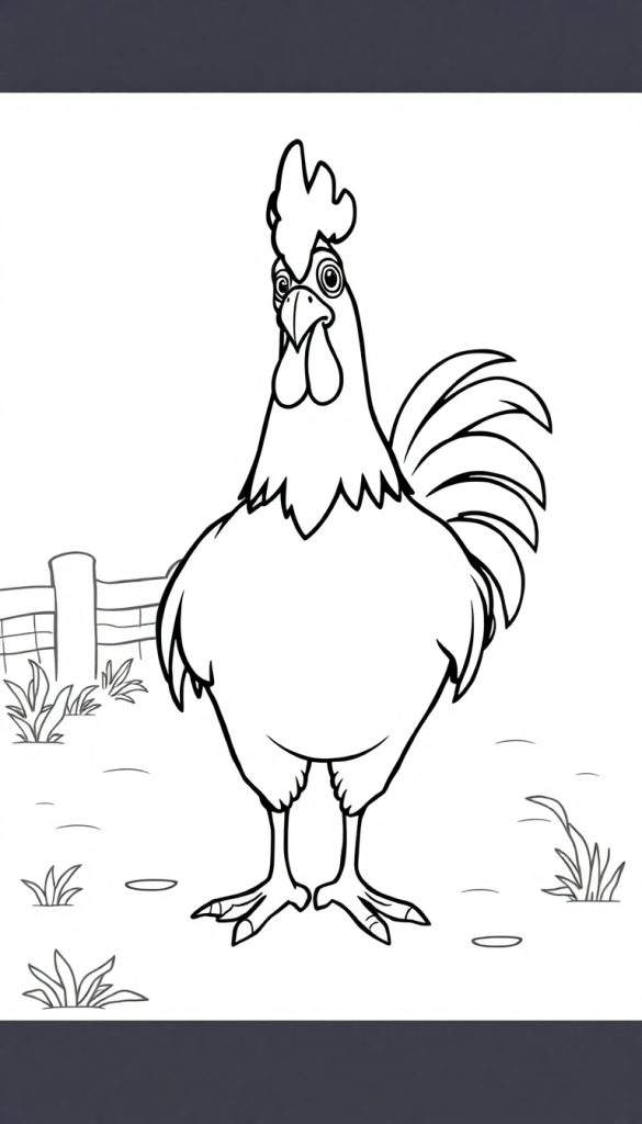 Zwart-witte kleurplaat van een cartoonachtige haan in een weiland.