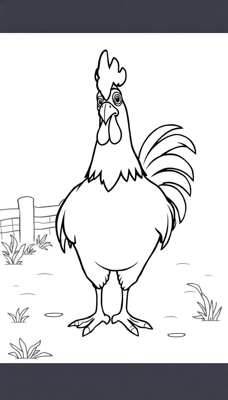 Zwart-witte kleurplaat van een cartoonachtige haan in een weiland.