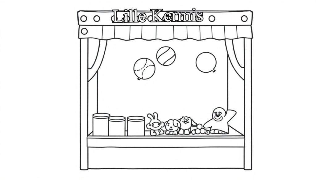 Kleurplaat van een kermiskraam met speelgoed en ballonnen.