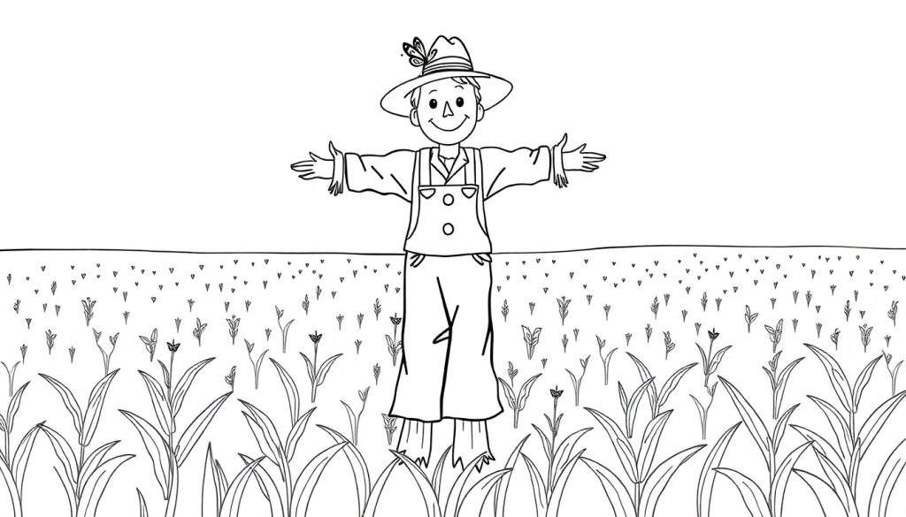 Kleurplaat van een vogelverschrikker met wijd gespreide armen in een veld.