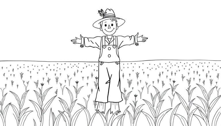 Kleurplaat van een vogelverschrikker met wijd gespreide armen in een veld.