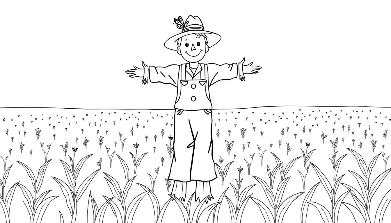 Kleurplaat van een vogelverschrikker met wijd gespreide armen in een veld.