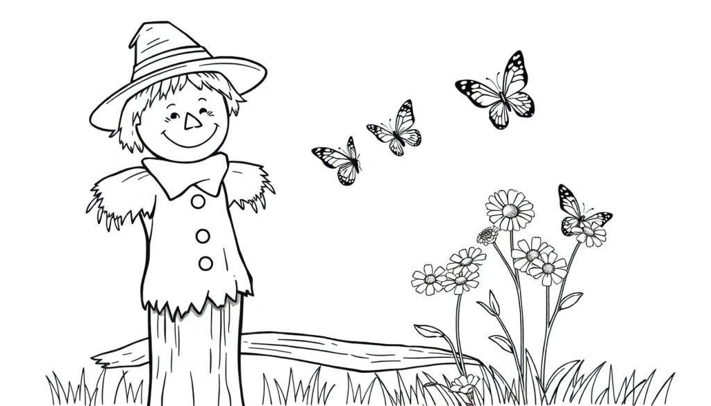 Een kleurplaat van een vriendelijke vogelverschrikker op een bloemenveld.