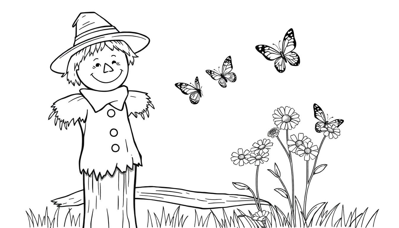 Een kleurplaat van een vriendelijke vogelverschrikker op een bloemenveld.