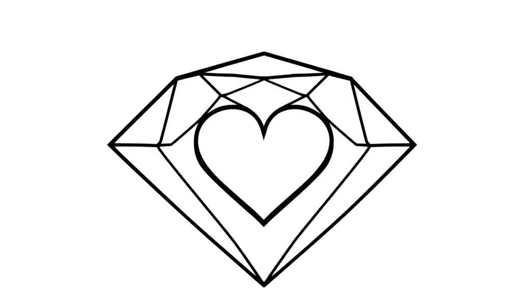 Een zwart-witte kleurplaat van een diamant met een hartje erin.