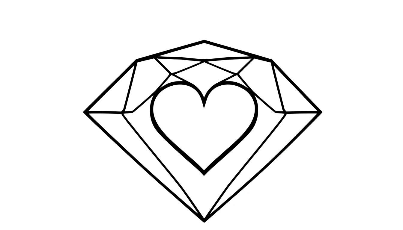 Een zwart-witte kleurplaat van een diamant met een hartje erin.