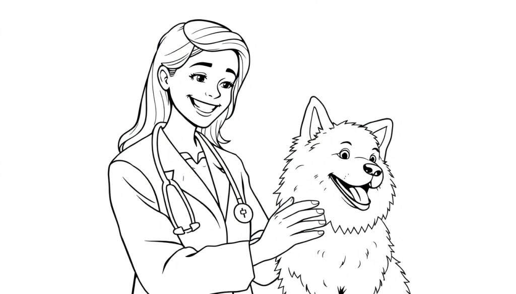 Vrolijke dierenarts met hond, een kleurplaat