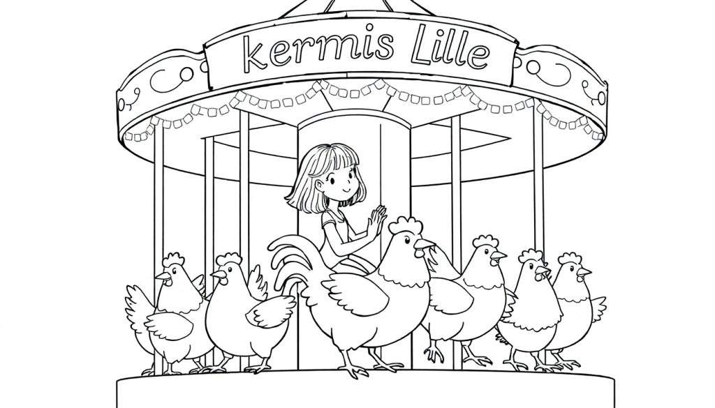 Kleurplaat: Meisje op draaimolen met kippen op Kermis Lille