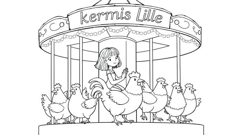 Kleurplaat: Meisje op draaimolen met kippen op Kermis Lille