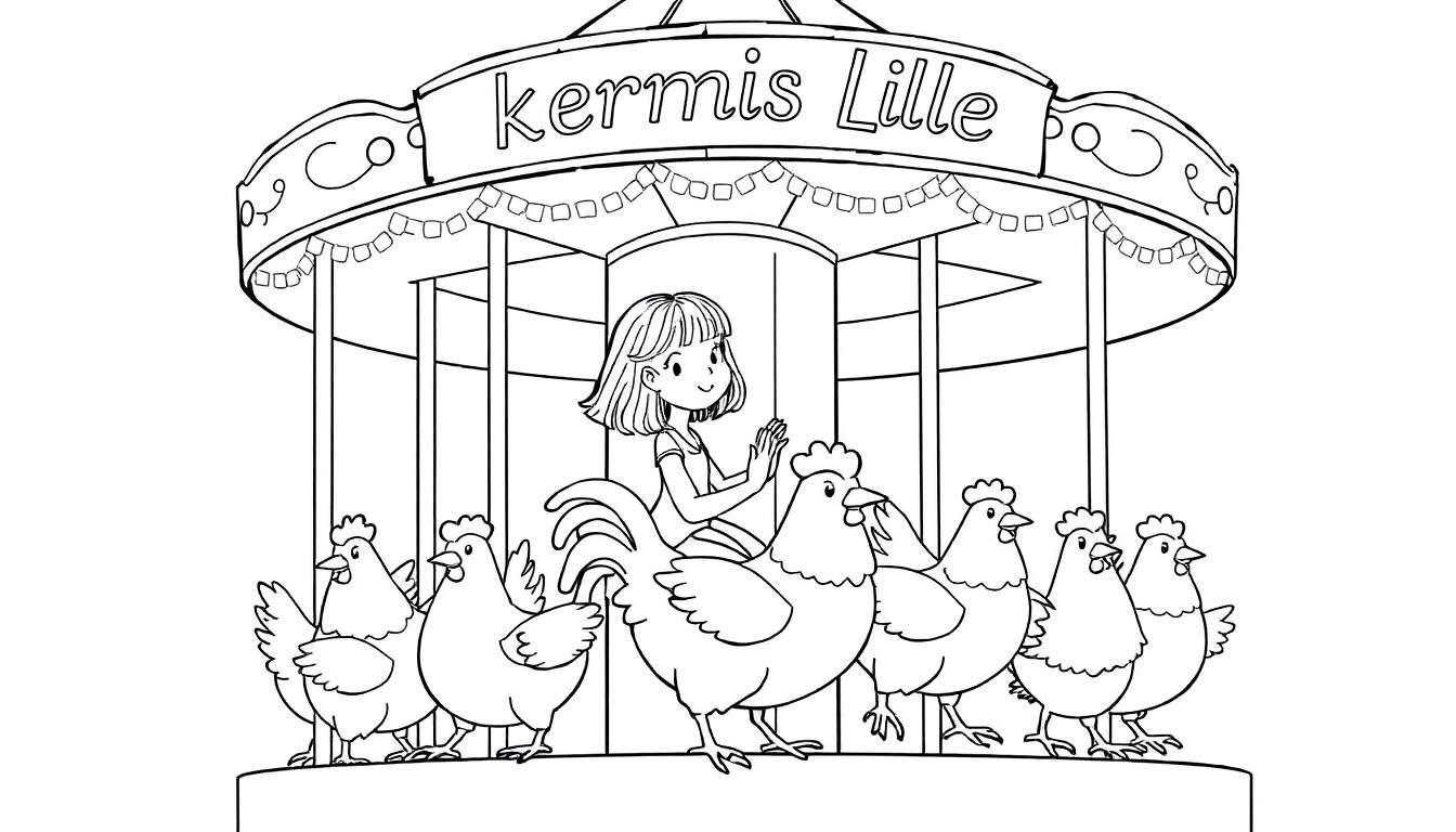 Kleurplaat: Meisje op draaimolen met kippen op Kermis Lille