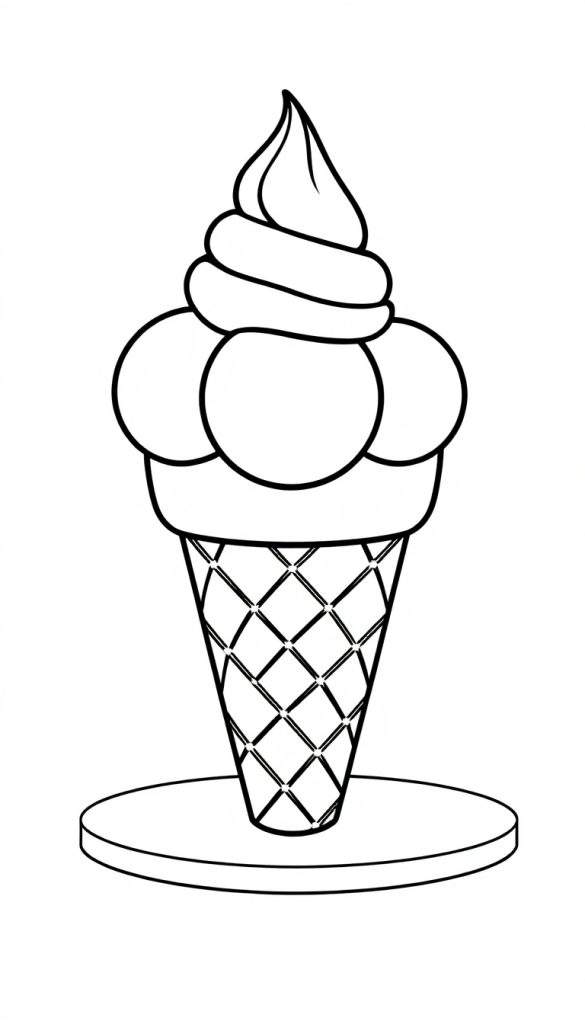 Kleurplaat van een ijshoorn met drie bolletjes ijs.