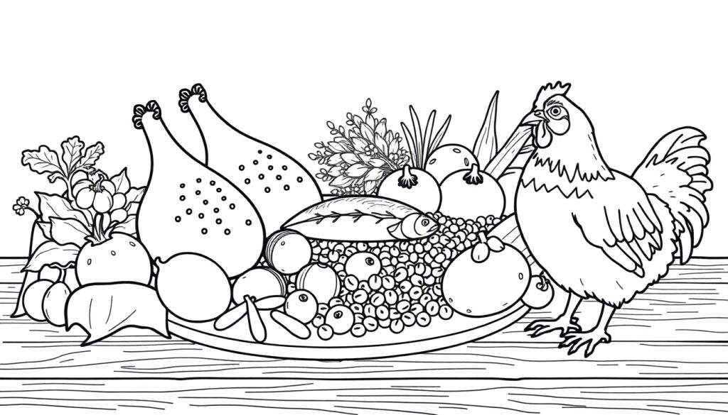 Kleurplaat van een tafel vol lekker eten met twee gebraden kippenpoten, een vis op erwten, tomaten, groenten en een kip aan de rechterkant.