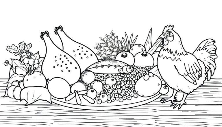 Kleurplaat van een tafel vol lekker eten met twee gebraden kippenpoten, een vis op erwten, tomaten, groenten en een kip aan de rechterkant.