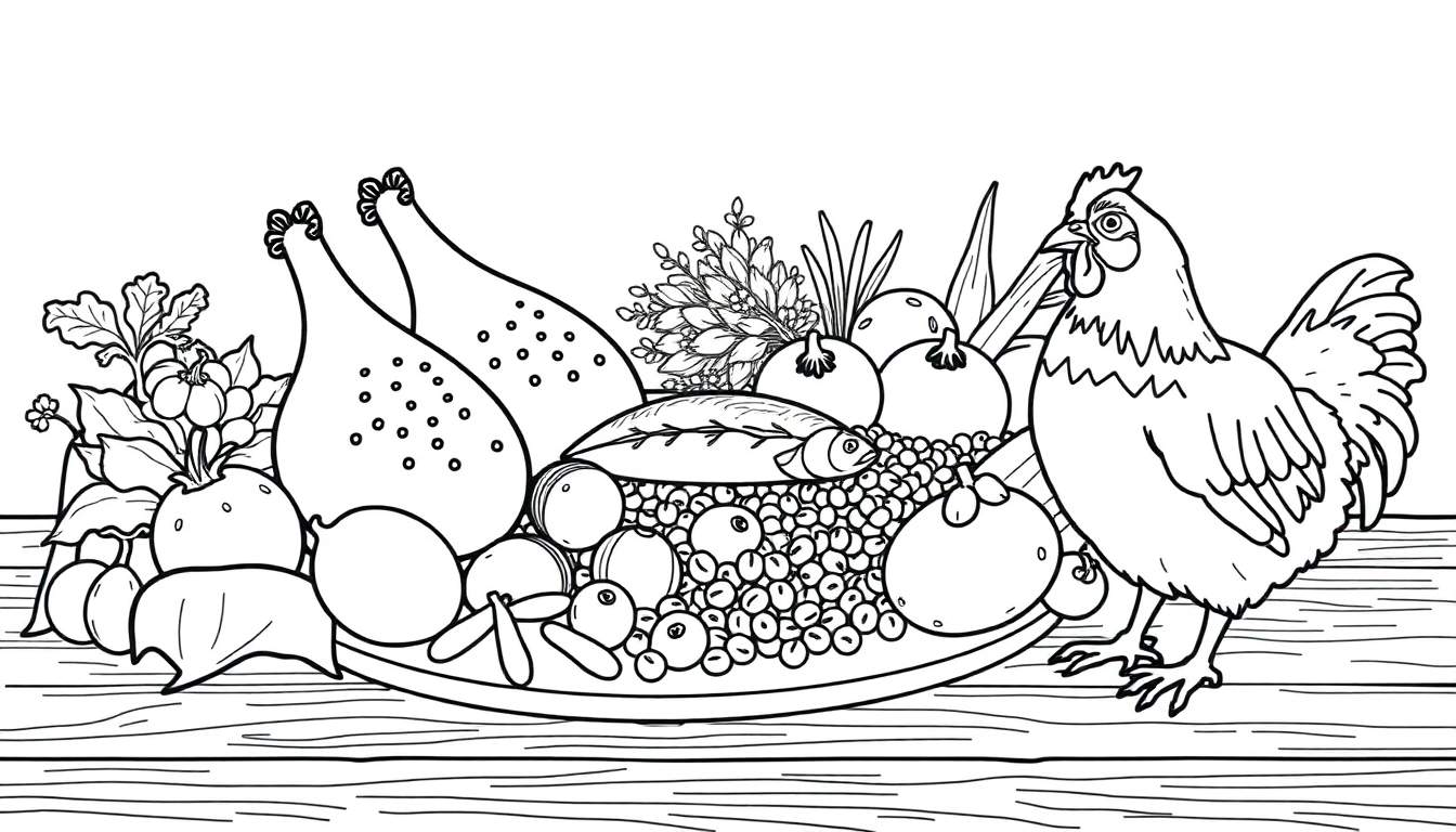 Kleurplaat van een tafel vol lekker eten met twee gebraden kippenpoten, een vis op erwten, tomaten, groenten en een kip aan de rechterkant.