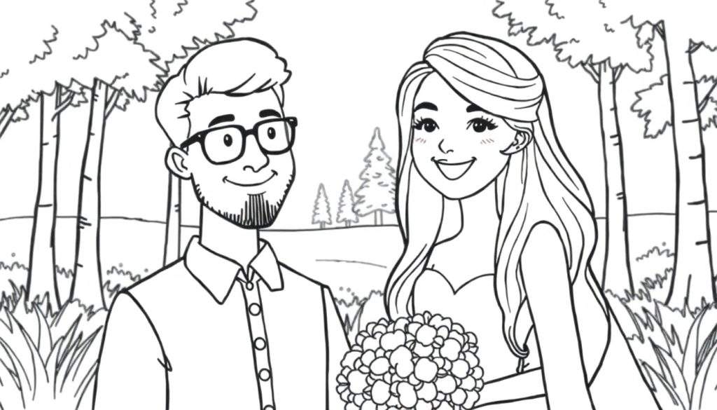 Kleurplaat van een bruid en bruidegom in een bos.