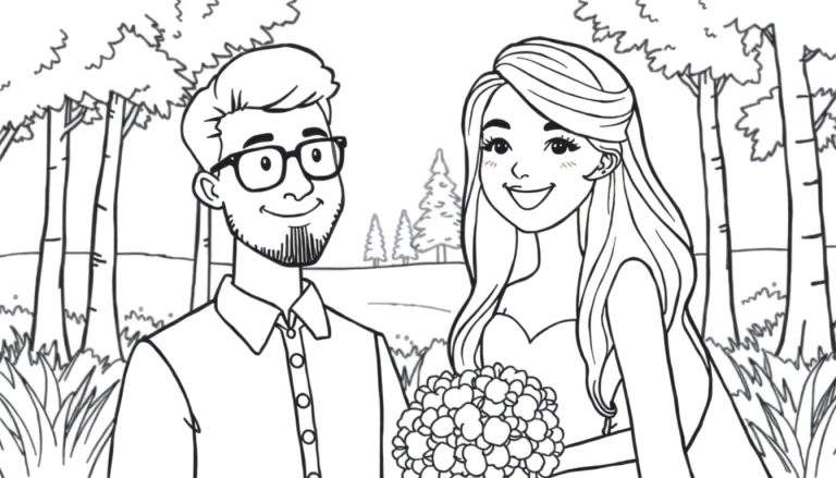 Kleurplaat van een bruid en bruidegom in een bos.