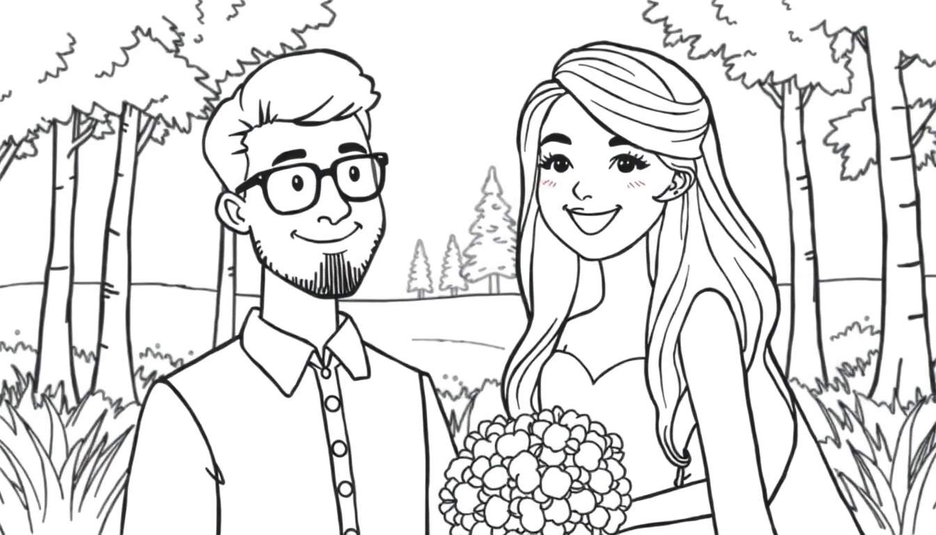 Kleurplaat van een bruid en bruidegom in een bos.