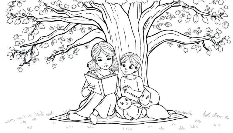 Kleurplaat: jonge tante leest voor aan nichtjes onder boom.