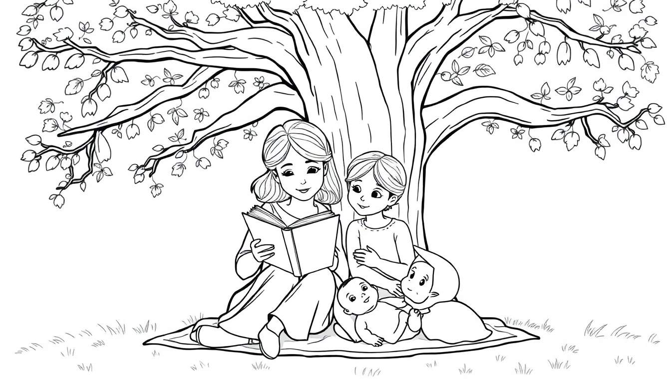 Kleurplaat: jonge tante leest voor aan nichtjes onder boom.