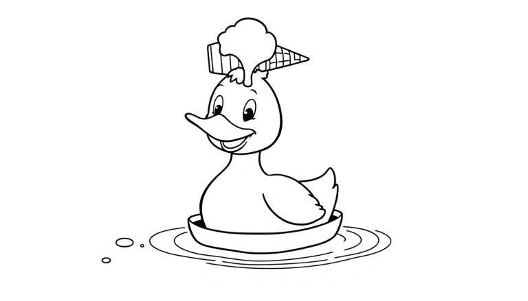 Kleurplaat van een lachende rubberen eend met een ijsje op zijn hoofd in een bootje op het water.