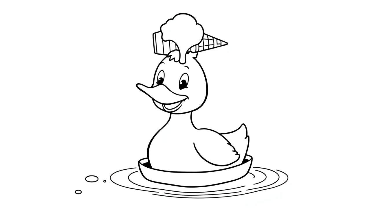 Kleurplaat van een lachende rubberen eend met een ijsje op zijn hoofd in een bootje op het water.