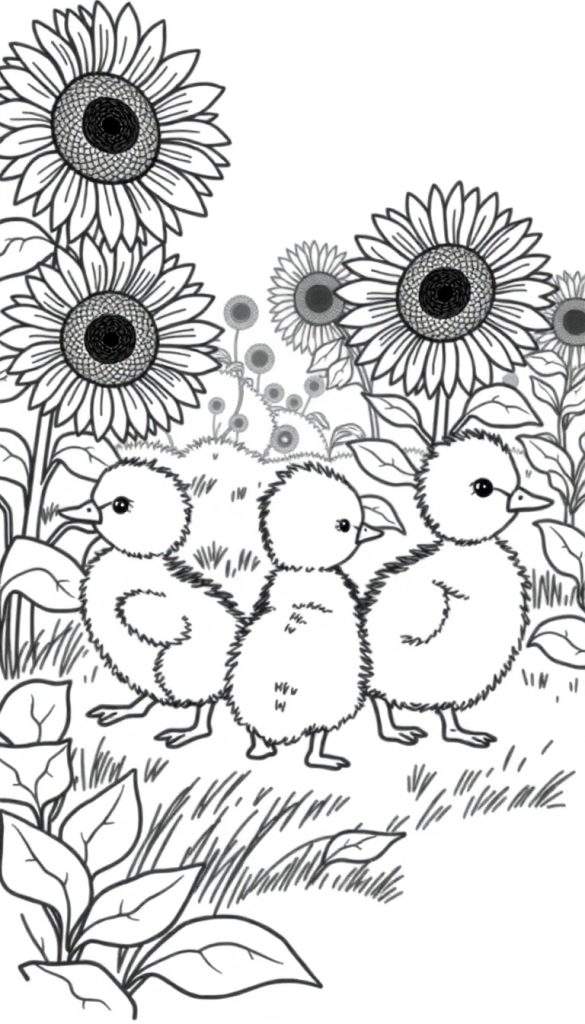 Kleurplaat: Drie schattige eendjes in een zonnebloemenveld.