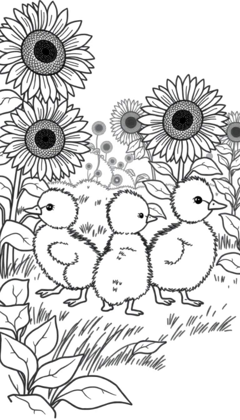 Kleurplaat: Drie schattige eendjes in een zonnebloemenveld.