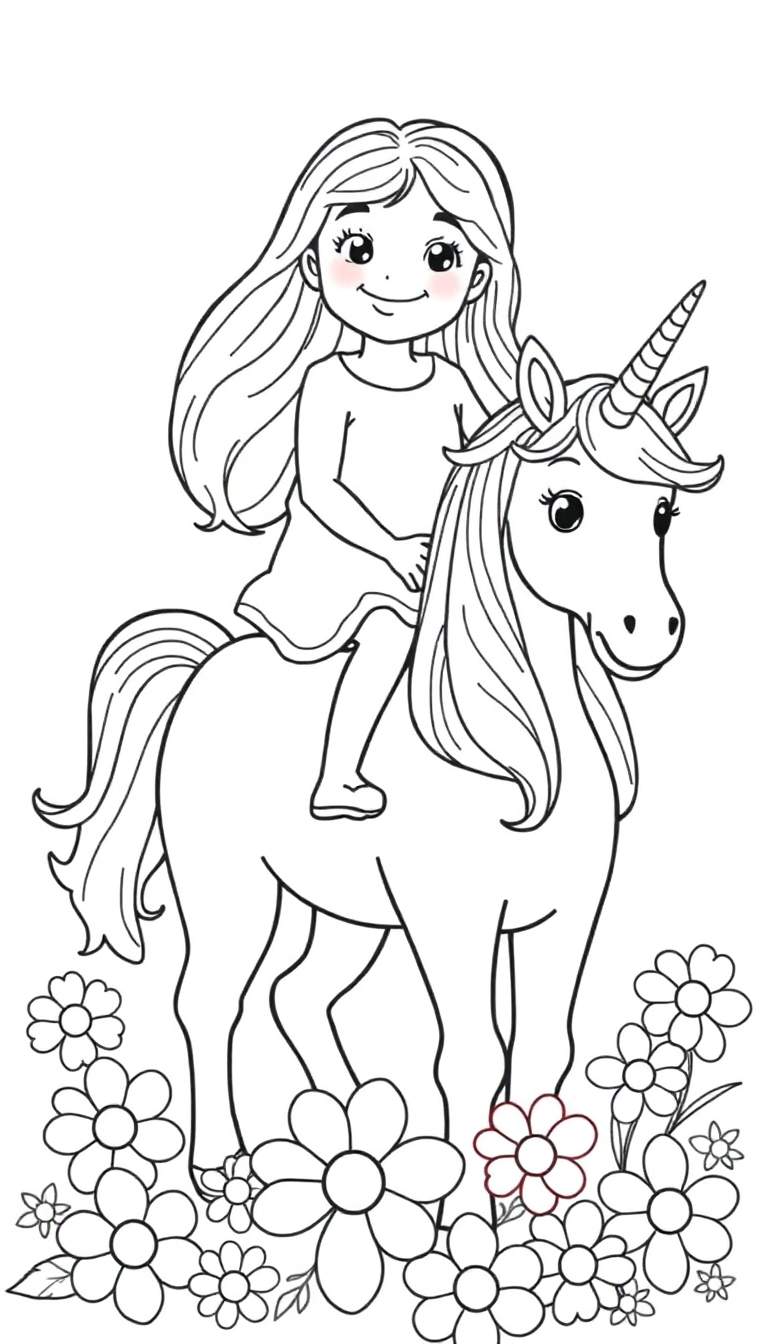 Zwart-wit kleurplaat: meisje met lang haar rijdt op eenhoorn in bloemenveld.