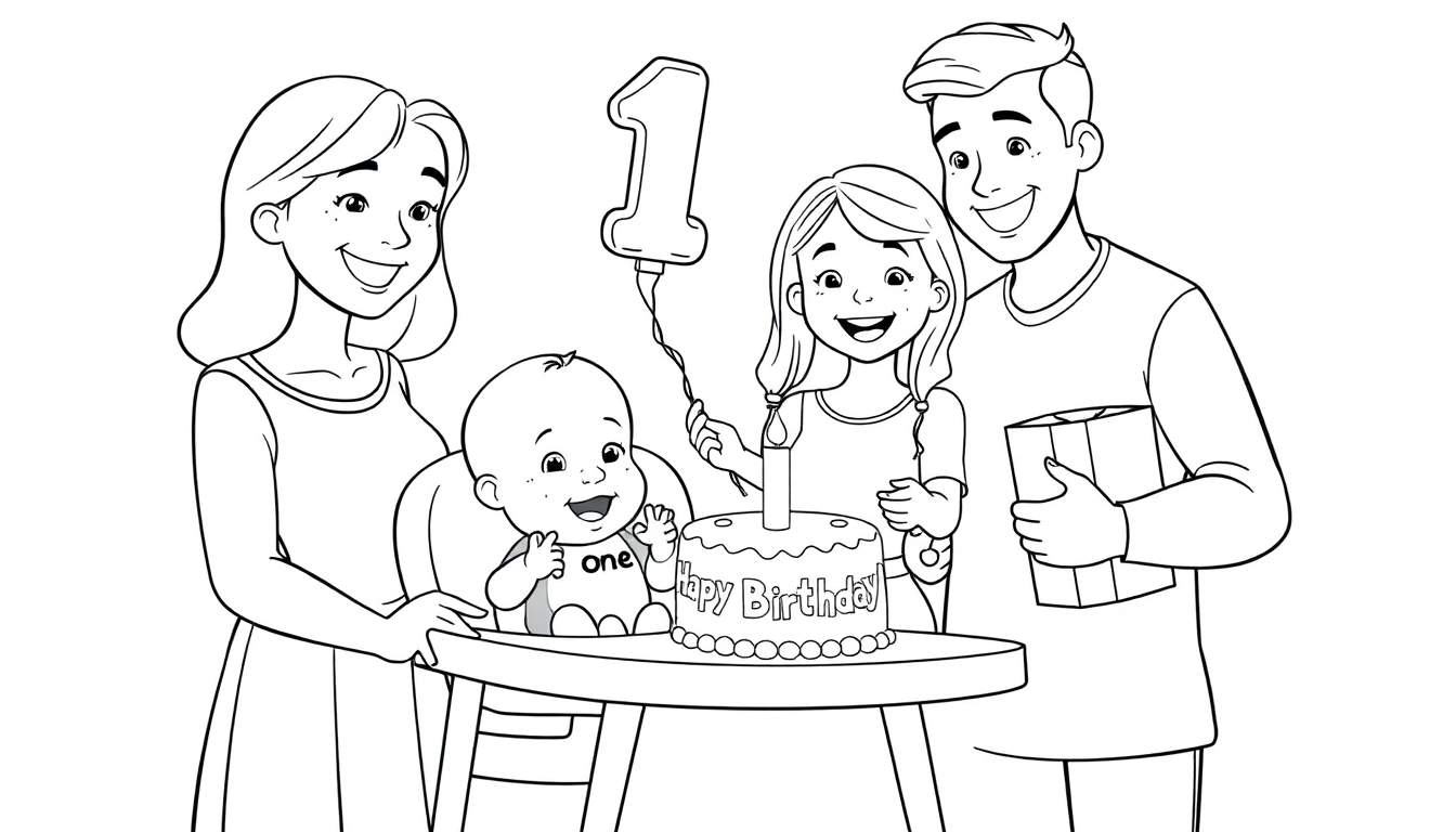 Zwart-wit kleurplaat van een gelukkige familie die de eerste verjaardag van hun baby viert.