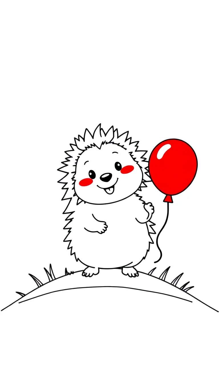 Kleurplaat van een vrolijke cartoon-egel met een rode ballon.