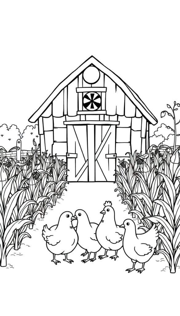 Zwart-wit kleurplaat van een boerderij met schuur, kuikens en maïs.