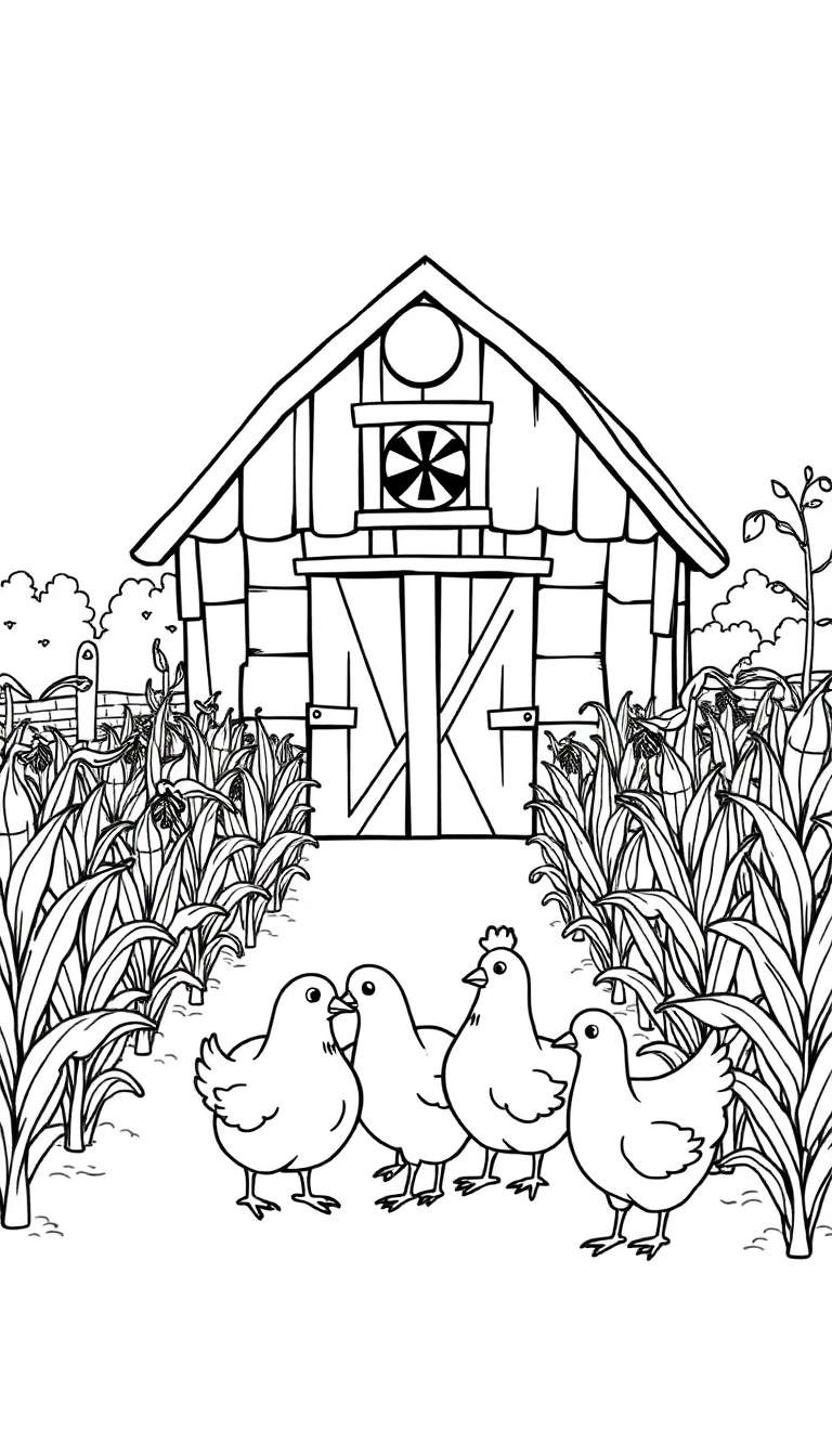 Zwart-wit kleurplaat van een boerderij met schuur, kuikens en maïs.