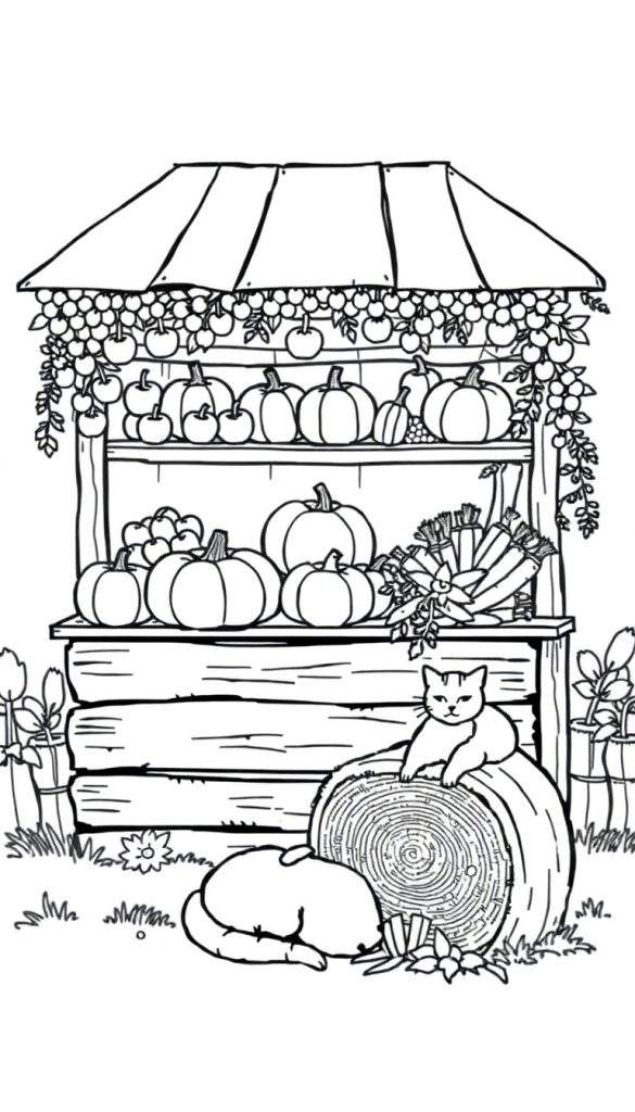 Zwart-wit kleurplaat van een boerderijkraam met pompoenen en katten.