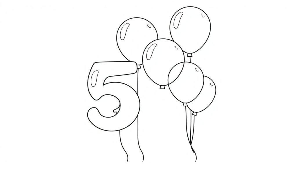 Zwart-wit kleurplaat van het getal 5 met zes ballonnen.
