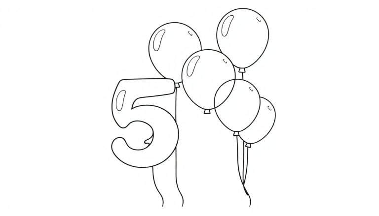 Zwart-wit kleurplaat van het getal 5 met zes ballonnen.